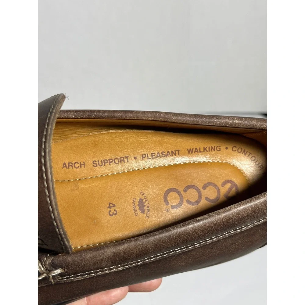 ECCO Mens Brown Leather Handsewn Loafers Slip On Driving Shoes Size 43 9 9.5